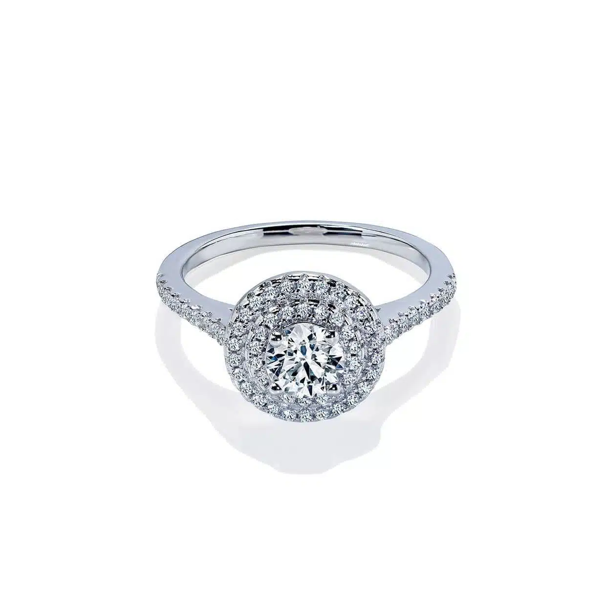 Amara Dobbelt Rund Diamant Halo Forlovelsesring Med Hvid Safir